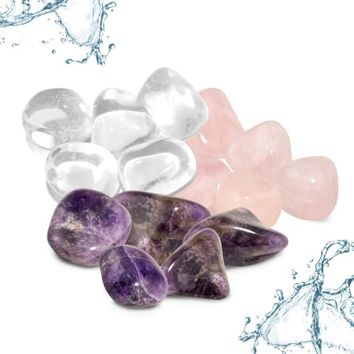 PURAJA Basis Set zur Wasserbelebung | Natürliche Trommelsteine | Premium Mischung für Edelsteinwasser | Grundmischung: Rosenquarz, Amethyst, Bergkristall (400g)