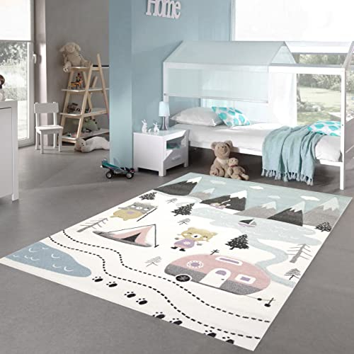 Teppich-Traum Kinderzimmer Teppich Spielteppich Bären Zelt Berge Camping Wohnwagen Tannen Fluss Creme pink grau, Größe 120x170 cm