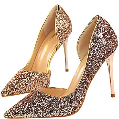Escarpins À Bout Pointu pour Femme Escarpins de Bureau pour Femmes Robe de Mariée Escarpins À Talons Hauts,Rose Gold,38.5 EU