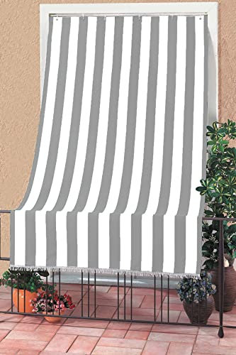 Tenda da Sole a Righe RIVERS per Balcone e Finestra Esterno, Poliestere Leggero, Filtra Luce Solare, Varie Misure e Colori, con Frange e Anelli di Plastica 200X290 CM RIGHE LARGHE GRIGIE