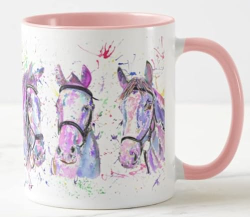 Vixar Horse x 3 in Pink Farm Animal Watercolour Art Coloured Mug Cup Gift Birthday Work Office Christmas Tea Coffee (Pink)