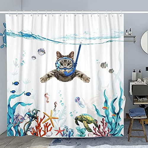 Rideau de Douche 120 x 200 Chat, 3D Océan Rideau Douche Anti Moisissure 100% Polyester Rideaux de Douche Tissu pour Baignoire Salle de Bain, avec 8 Crochets