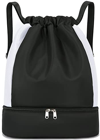 Keyck Turnbeutel Kordelzug Daypack, Wasserdicht Rucksack mit Schuhfach & Nassfach, Groß Sportbeutel für Damen Herren Teenager, Gym Tasche Trainingstasche für Sport Reisen Schwimmen Fußball, Schwarz