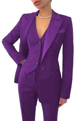 Leader of the Beauty, Abito elegante da donna, composto da 3 pezzi (giacca, gilet, pantaloni), adatto per ufficio, lavoro, affari, ballo della scuola, feste, Viola, L