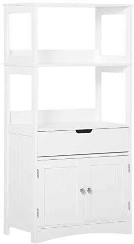 kleankin Badezimmer Midischrank Badezimmerschrank mit 2 offnenen Regalen Schublade Unterschrank Weiß 60 x 33 x 122,5 cm