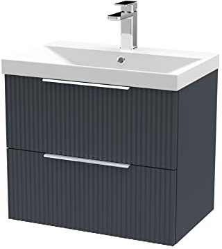 Hudson Reed DFF1493D Fluted Modern Bathroom Wall Hung 2 Drawer Vanity Basin Unit with Thin-Edge Ceramic Basin, 600mm, Soft Black
