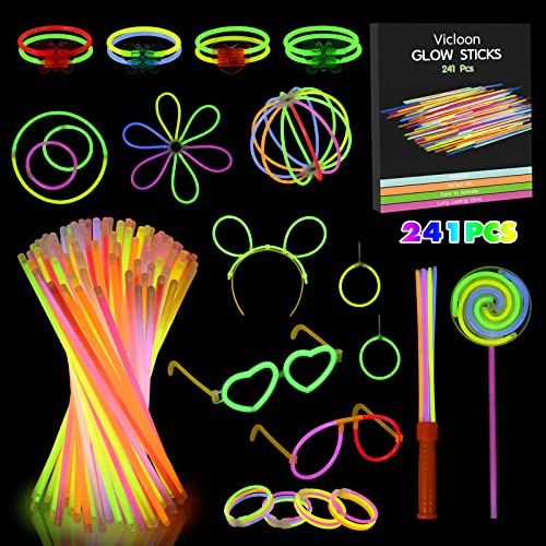Vicloon Knicklichter,241 Stück knicklichter party set,knicklichter mit verbinder,Brillen, Ohrringe, viel Zubehör,glow sticks party pack für Hochzeiten Geburtstage Festivals Party…