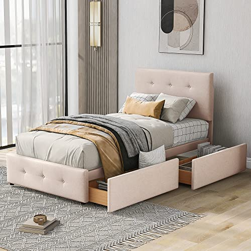 LTGB Polsterbett 90 x 200 cm Bett mit Lattenrost, Rückenlehne und Zwei Schubladen, hautfreundlicher Flanellstoff Beige flaches Einzelbett Kinderbett Jugendbett Gästebett (Dunkelbeige)
