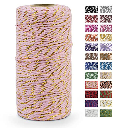 LEREATI Kordel Golden und Rosa Bindfaden 2mm x 100m Baumwollfaden Bäckergarn Küchengarn Bastelschnur Paketschnur Dekokordel für DIY Kunstgewerbe Gartenarbeit Geschenke Verpacken Weihnachten