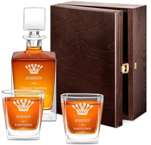 Maverton Whisky Karaffe 810 ml + 2/4 / 6er Whiskygläser Set mit Gravur - Whisky Dekanter mit Gläsern 250 ml für Männer - personalisiertes Whiskey Set für Whiskyliebhaber - Partylöwe