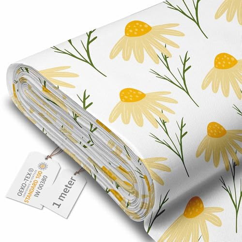 DreamRoots Markisenstoff Meterware, Yellow Cute Daisy Flowers, 1 m | Oxford Segeltuch, wasserdicht, Polsterstoff, 220 g/m² 600D, 160 cm breit, wasserabweisend, für außen & Deko
