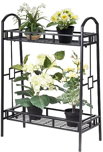 HOMASIS Support à plantes en métal à 2 étagères, support à fleurs élégant et rétro, bibliothèque, étagère à chaussures, intérieur, extérieur, balcon, salon, salle de bain,61 x 28 x 81,5 cm, noir