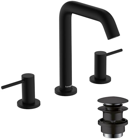 hansgrohe Tecturis S - 3-Loch Waschtischarmatur mit Push-Open Ablauf, Wasserhahn Bad mit Auslauf Höhe 150mm, Mischbatterie Waschbecken wassersparend (EcoSmart+), Mattschwarz