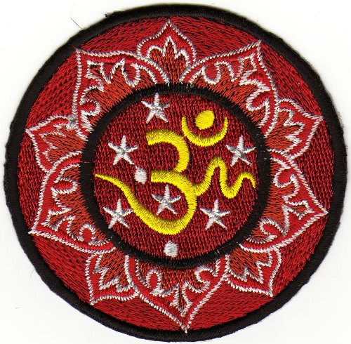 Blume Rot Om Zeichen Aufnäher zum aufbügeln oder aufnähen Bügelbild Aufbügler für Kleidung gestickter Bügelflicken Yoga Buddha Indien Patch Größe 7,8 x 7,8 cm
