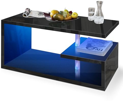 High Gloss Coffee Table for Living Room, Led Side Table with Storage Shelves, Wooden Rectangle Centre Table with Led Lights for Bedroom, Black 94W x 50D x 46H