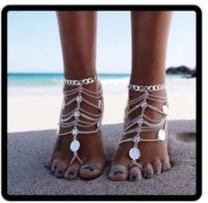 Danshinbow 1 Paia Moneta Vintage Cavigliera Argento e Oro Sandali Scalzi Cavigliera Piede Gioielli con Toe Ring per le Donne e Ragazze (Argent)