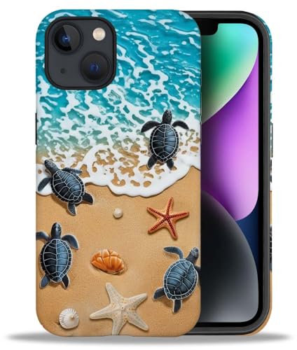 yicomon Compatible with iPhone 13/iPhone 14 Case, Ocean Beach Turtle Pattern Print Matte Phone Case Durable Fashion Funny Liquid Silicone Case Soft Anti-Scratch Shockproof Protective Cover