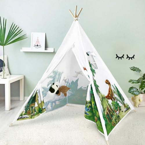 decalsweet Tipi Zelt für Kinder mit Kieferpfahl & Holz Stabilisierung & Niedliche Muster, Kinderzelt für Drinnen und Draussen, Zelt Kinderzimmer Spielzelt für Mädchen Jungen Dinosaurier Grün