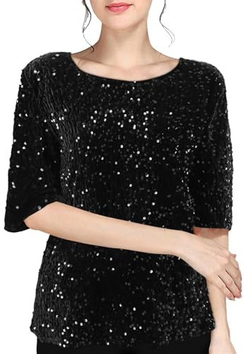 Sequin Blouse for Women UK Shimmer Glitter Shirts Sparkle Tops 3/4 Sleeve Crew Neck Tshirts Loose Fit Elegant Tee Shirt Party Club Casual Soft Comfy Tunic Top Ladies Plus Size 8-18