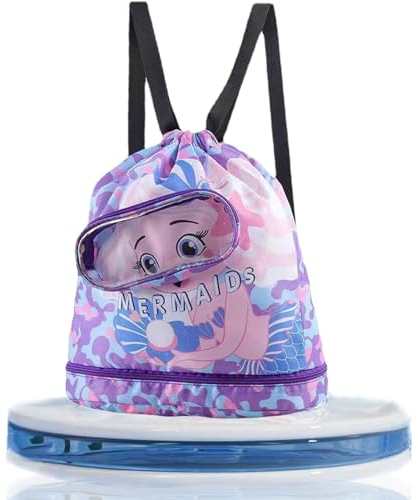 LLOGVLTU Schwimmrucksack mit hoher Kapazität,Badetaschen für Kinder,Trocken-Nass-Trennung Cartoon Kinder-Strandtasche mit Kordelzug,Kinder-Schwimmtasche mit Schuhfach(Lila).