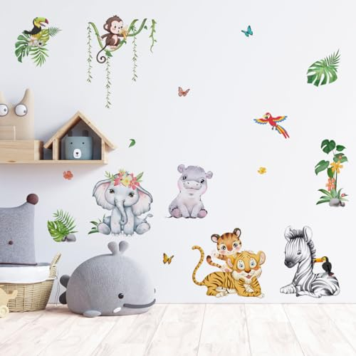 HaoFuJi Woodland Animal Wall Decals Elephants Zebra Tiger Wall Stickers, Removable Toddler Jungle Forest Wall Murals Peel and Stick Wall Art Decor Wallpaper for Kids Bedroom Living Room Wall Décor