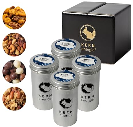 KERNenergie edles Nussgeschenk Set | 4 Nussmischungen und schokolierte Nüsse in 90g Aludose | in praktischer Geschenkbox | für Mama und Papa | Vatertag