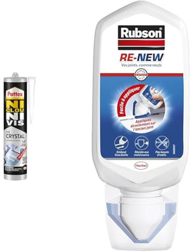 Pattex Ni Clou Ni Vis | Fix Crystal (cartouche de 290 g) – Colle de fixation extra forte & Rubson RE-NEW Blanc (1 x 80ml), mastic sanitaire blanc à base de silicone, s'applique sur le joint