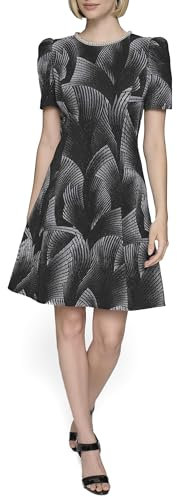 KARL LAGERFELD Damen Round Neck Puff Sleeve Fan Print a Line Dress Lässiges Kleid, Schwarz, weiches Weiß, 40