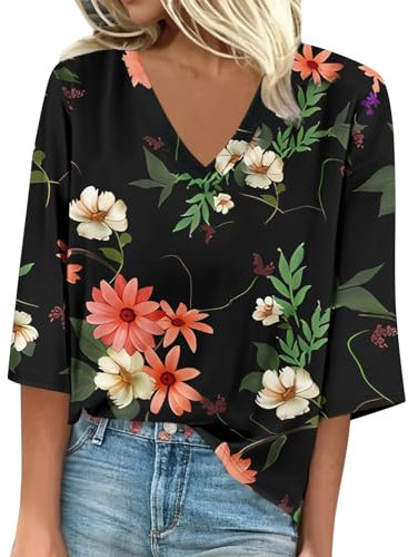 Generisch Damen Bluse Lässig 3/4 Ärmel Tshirt Elegant Baumwoll Tunika Tops Locker V Ausschnitt Sommer Must Have Oberteil 2024 Mode Bunt Streifen Hemdblus Leicht Musselin Bluse(4-Green,M)