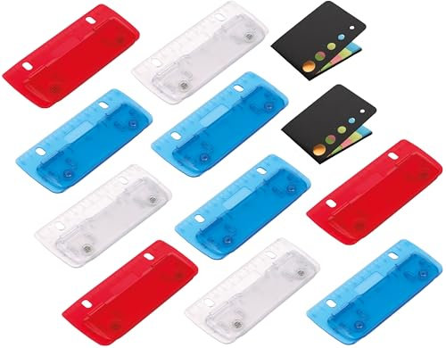 Set 10 Taschenlocher Mini zum Abheften mit Haftnotizen Haftstreifen Mini-Taschenlocher zum Einheften, für 8 cm Lochung mit 12 cm Skala, für Schule Büro Haushalt, Mehrfarbig