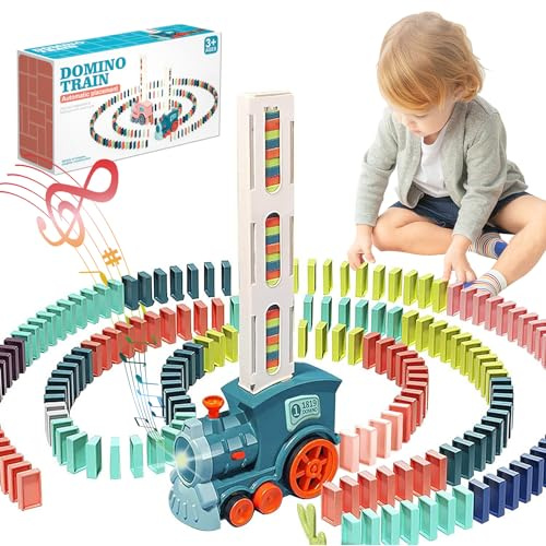 Domino Zug Spielzeug Set für Kinder, 100 Stück Automatische Domino Verlegung Zug, Elektrischer Zug mit Ton, Kinder Bausteine ​​Stapelung Spiel Spielzeug für ab 3 Jahren Jungen und Mädchen (Zyan)