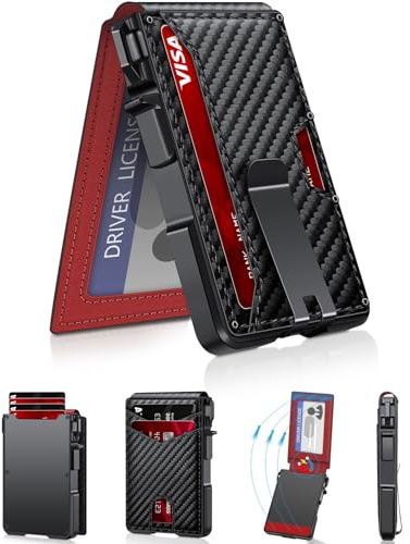 Men's Minimalist Wallet with Money Clip & ID Window - RFID Blocking Smart Pop Up Card Holder for 9-13 Cards - Slim Compact Metal Aluminum Leather Bifold Wallet