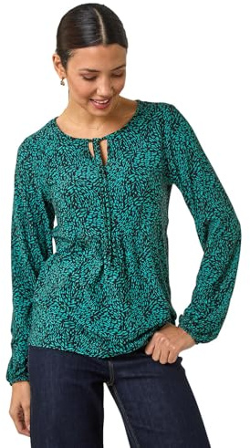 Roman Tie Neck Glitter Stretch Top for Women UK - Ladies Autumn Everyday Winter Holiday V-Neckline Comfy Long Sleeve Soft Elastic Cuff Party Shirt Desk to Dinner Blouses - Teal - Size 20