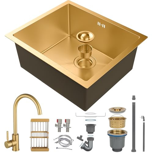 HZKSINNK 55x40cm Fregadero Cocina, Oro Cepillado Fregaderos De Un Seno, Acero Inoxidable Barra Fregaderos De Cocina, Fregadero Bajo Encimera O Sobre Encimera Con Filtro De Drenaje