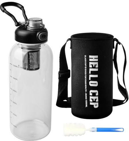 Botella Agua Cristal Deportiva,1500ml Botella De Agua De Vidrio Con Tamiz,Manga,Grande Botella Agua Cristal,Botella Gimnasio Vidrio Para Bebidas Calientes,Deportes,Oficina,Abra La Tapa Con Un Clic