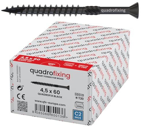 QUADROFIX BLACK – Schwarze Edelstahlschrauben Torx, Professionelle Schrauben für Holzfassaden & Verkleidungen, Gehärteter, passivierter Edelstahl C2 mit schwarzer Beschichtung, 200 4,5X50 mit Bit