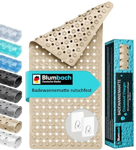 Blumbach® Badewannenmatte rutschfest 88x40cm – inkl. 2 Haken zum Trocknen | 100% BPA-frei, Sicher für Kinder & Senioren | Badematte rutschfest 200+ Saugnäpfe | Schimmelresistent, Maschinenwaschbar
