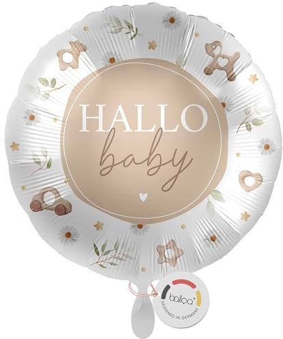 balloa Folienballon XXL Hallo Baby, Helium Ballon zur Geburt, Geschenk zur Geburt, Babyparty Dekoration neutral, geeignet für Jungen und Mädchen, Luftballon rund 53cm