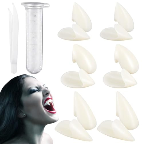 6 Paar Vampirzähne, 3 Größen von Vampirzahn-Zubehör mit Einer Tube Zahnungsgel, Vampirzähne für Kinder für Rollenspiele, Halloween-Party (15, 17, 19 mm)