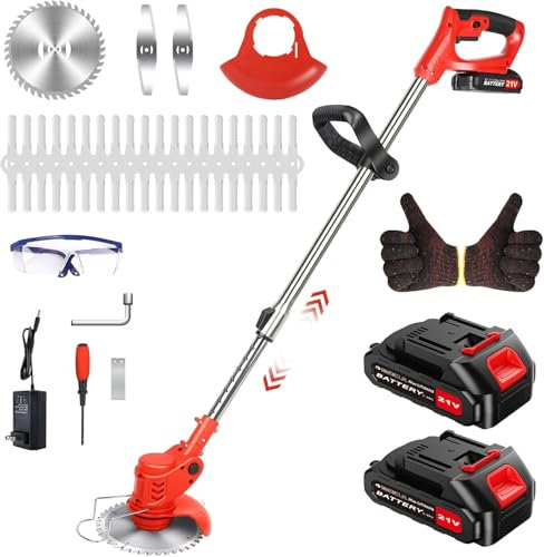 Cortabordes inalámbrico con batería 21V cortadora de césped eléctrica Plegable con 2 baterías y 3 Cuchillas, desbrozadora inalámbrica, cortadora de césped portátil para Exteriores(6 Inch