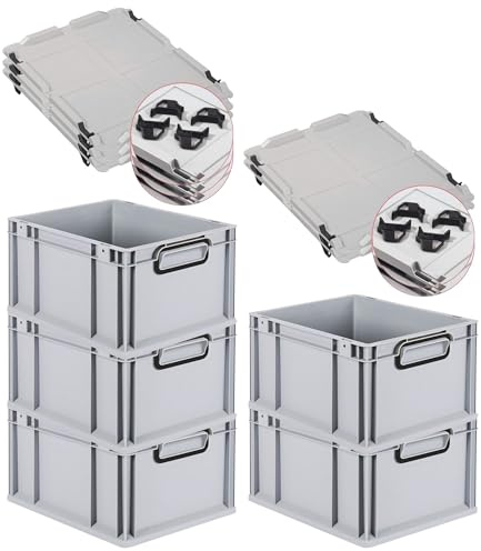 PROREGAL SparSet 5x Eurobox NextGen Color mit Auflagedeckel und Schiebeschnappverschlüsse, HxBxT 22x30x40cm, 20L, Grau, Griffe schwarz zu, Eurobehälter, Transportbox, Transportbehälter