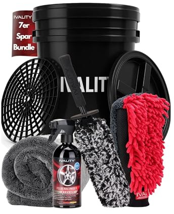 Ivality 7-teiliges Auto waschen set für optimale Handwäsche mit 20L Wascheimer, Deckel & Schmutzsieb, XXL Mikrofasertücher, 3-in-1 Waschhandschuh, Felgenbürste und Felgenreiniger für Autopflege