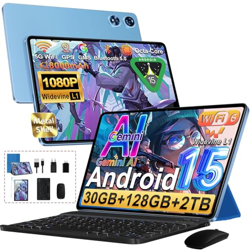 Android 15 Tablet 10 Pollici 30 GB RAM+128 GB ROM(TF 2TB) Octa-Core 8000mAh, 5G WiFi 6, 5 MP+8 MP Controllo Parentale, Protezione Dello schermo, Numerosi Accessori,Tablet Touch con Tastiera e Mouse