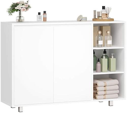 BEWISHOME Badezimmerschrank mit 2 Türen,Badschrank mit 3 Offenes Fach | Küchenschrank mit Verstellbarer Einlegeboden,Viel Stauraum für Badezimmer,Wohnzimmer,35x100x80 cm,Weiß EYYG20W