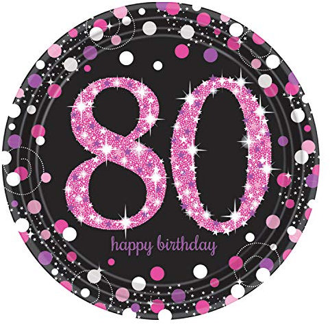 Amscan 9901754 - Teller Pink Celebration 80, 8 Stück, ca. 23 cm, Milestone, Geburtstag, Einwegteller