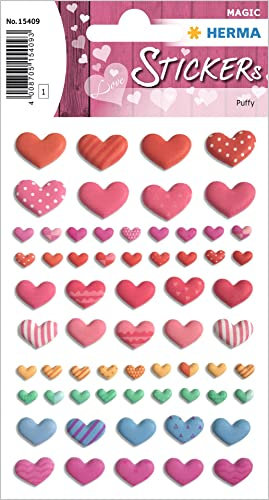 HERMA 15409 Aufkleber Herzen Bunt klein mini, 64 Stück, 3D Herz Sticker in rot rosa pink, Etiketten in Herzform für Valentinstag Liebe Hochzeit Geburtstag Scrapbooking Dekoration Geschenk Briefe DIY