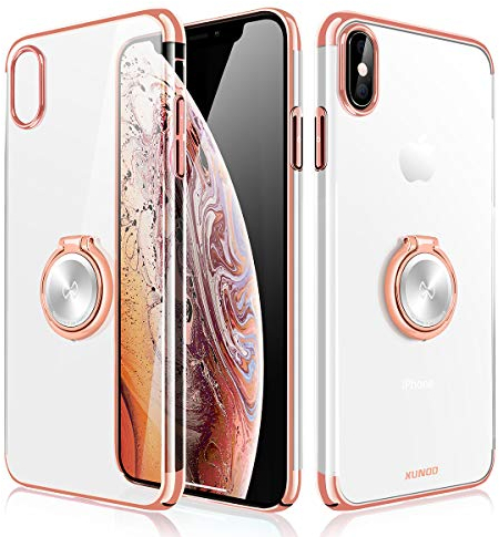 XUNDD Schutzhülle mit Metallständer für iPhone XR,Ultradünnes iPhone Case für magnetische KFZ-Halterung mit 360-Grad Finger-Halter,Transparente PC Schale Glänzende Details (iPhone XR,Roségold)