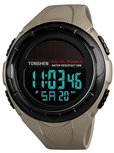 TONSHEN Unisex Grande Plastica Cassa Sportivo Solare Orologio e Gomma Cinturino Outdoor Militare 50M Impermeabile LED Elettronico Allarme Cronometro Digitale Orologi da Polso (Giallo)