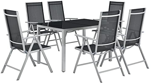 Juskys Salon de Jardin Milano en Aluminium 6+1 — 6 chaises à Haut Dossier réglables et Pliables avec Table — Ensemble de Meubles de Jardin 7 pièces résistant aux intempéries — Argent