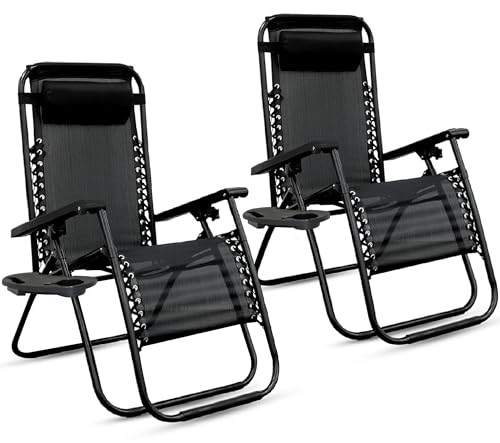 Crystals Set of 2 - Zero Gravity Chair - Heavy Duty Textoline - Reclining & Folding Chairs with Cup Holder + Headrest Pillow - Outdoor & Garden Sunloungers (with Cup Holder)